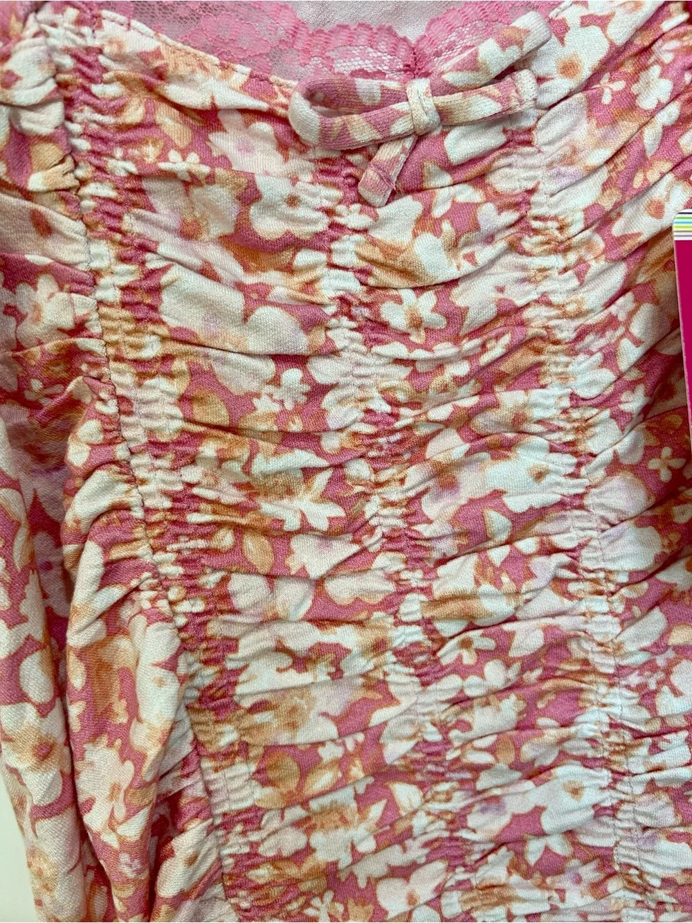 NWT Justice Girls Floral Ruched Front Top Pink XL Plus Puff Sleeve Blouse